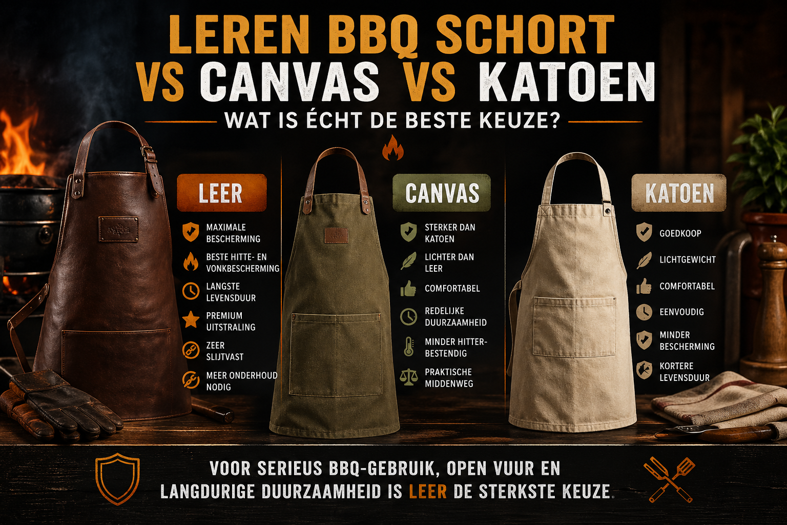 Leren BBQ schort vs canvas vs katoen: wat is écht de beste keuze?