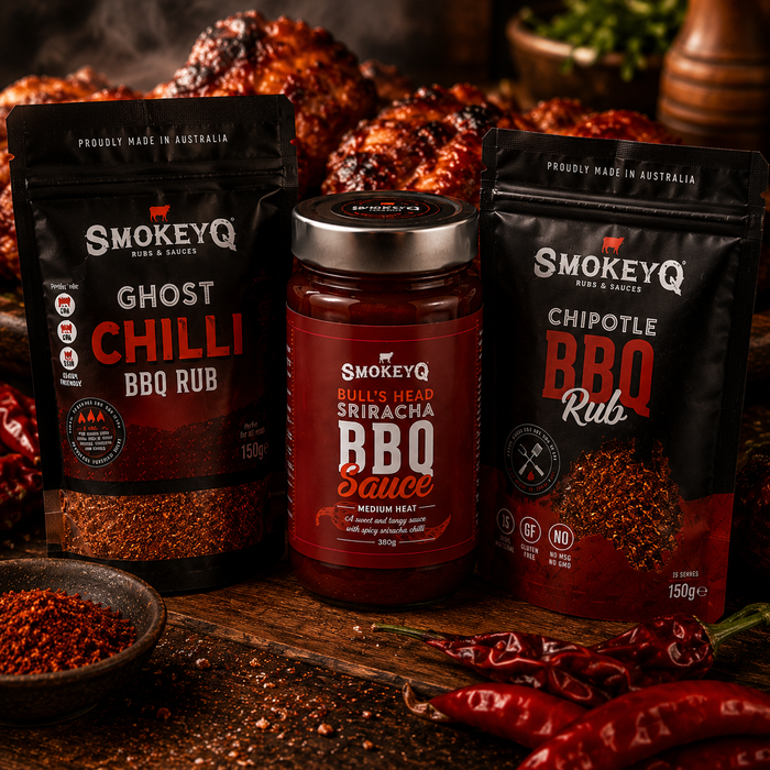 Hot & Spicy BBQ Bundle met SmokeyQ Ghost Chili BBQ Rub, Chipotle BBQ Rub en Bulls Head Sriracha BBQ Sauce