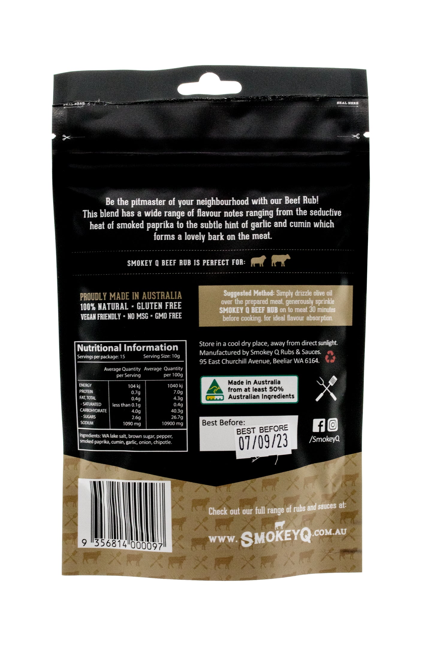 Achterzijde van SmokeyQ Beef BBQ Rub 150 g met productinformatie en bereidingsadvies