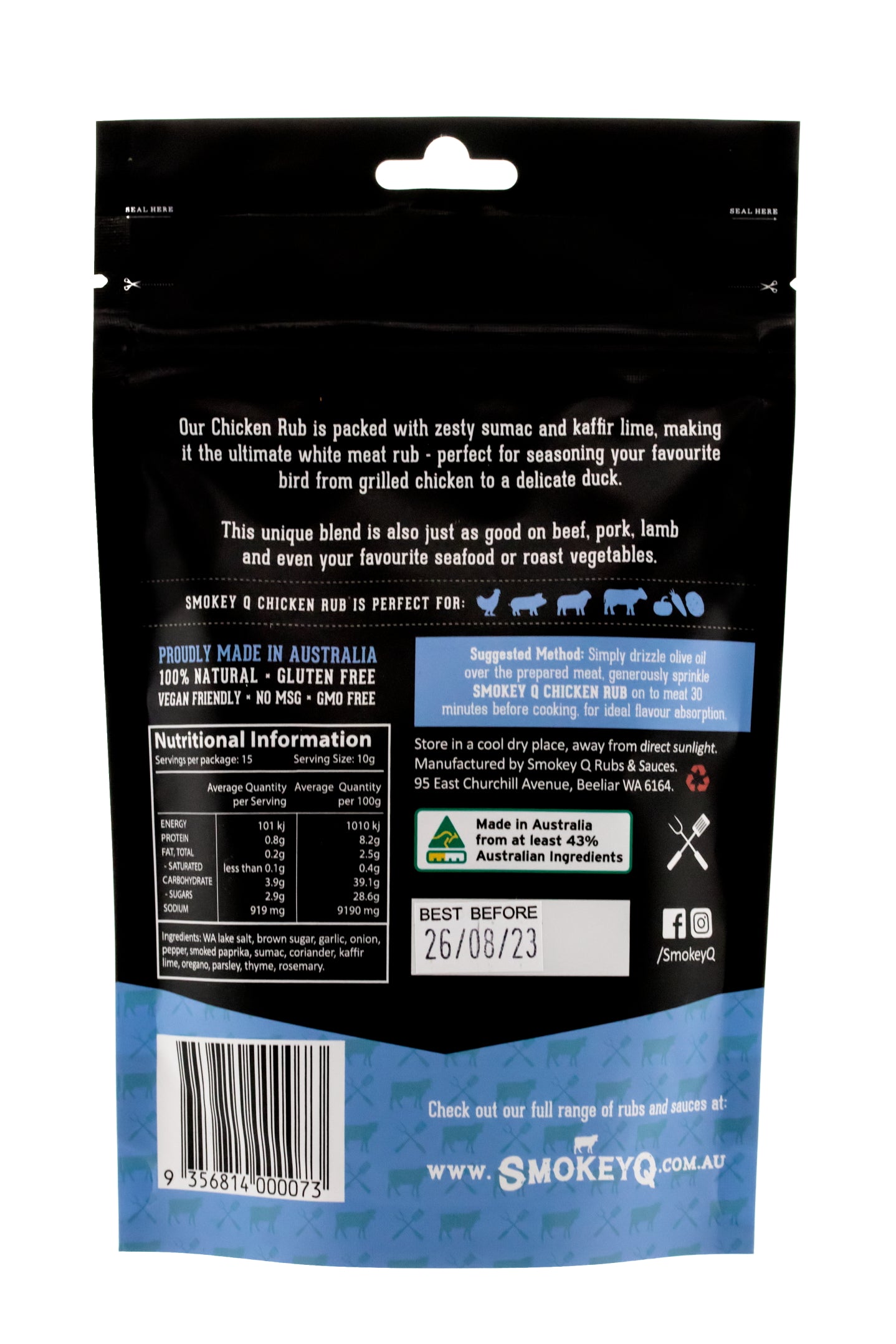 Achterzijde SmokeyQ Chicken BBQ Rub 150 gram met ingrediënten, voedingswaarden en gebruiksinstructies