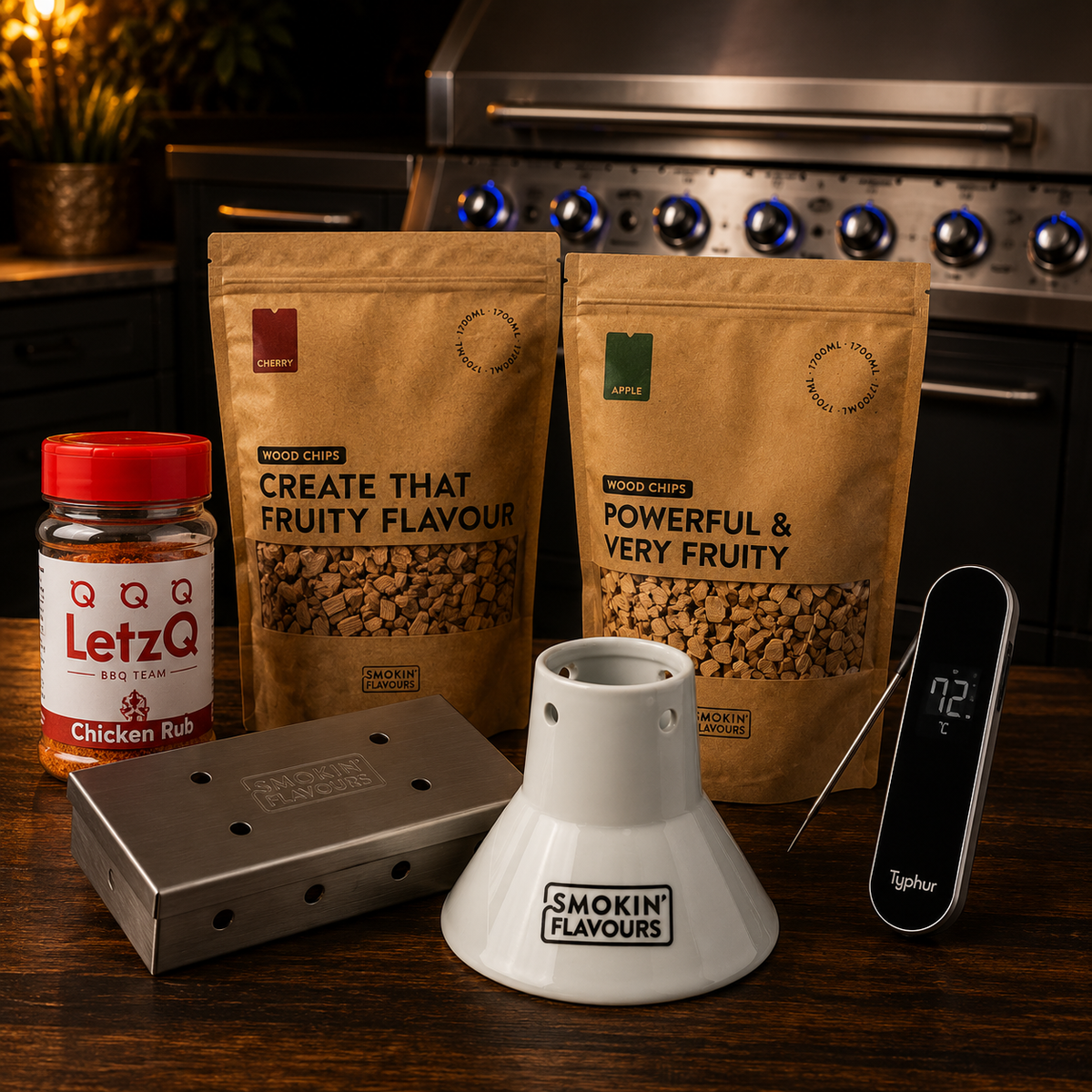 Ultimate Beer Can Chicken Gas Experience Bundle met Typhur Sync One, Chicken Rub, rooksnippers, smoker box en keramische kiphouder