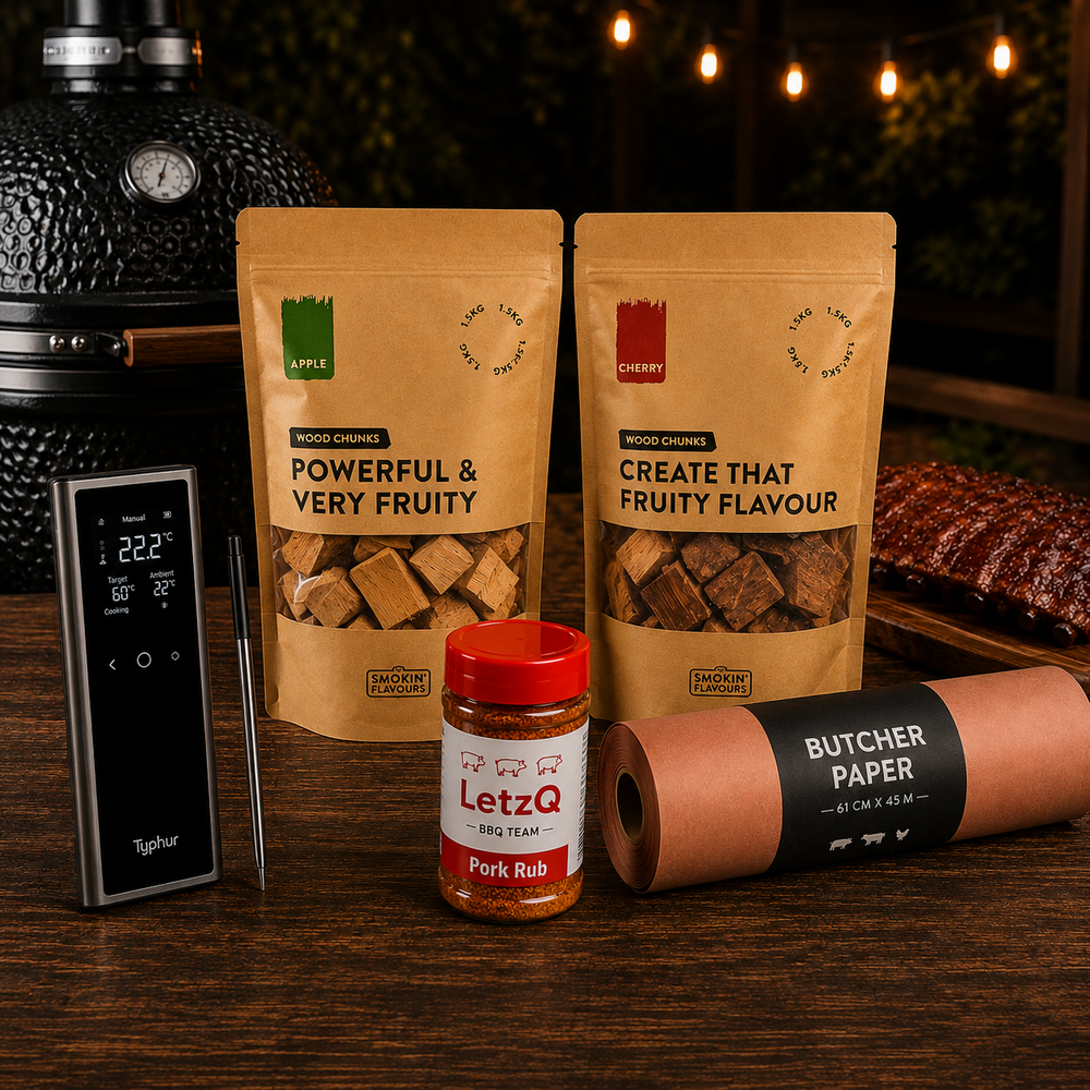 Ultimate Spareribs Kamado Experience Bundle met Typhur Sync One, LetzQ Pork Rub, appel- en kersenrookhout en butcher paper