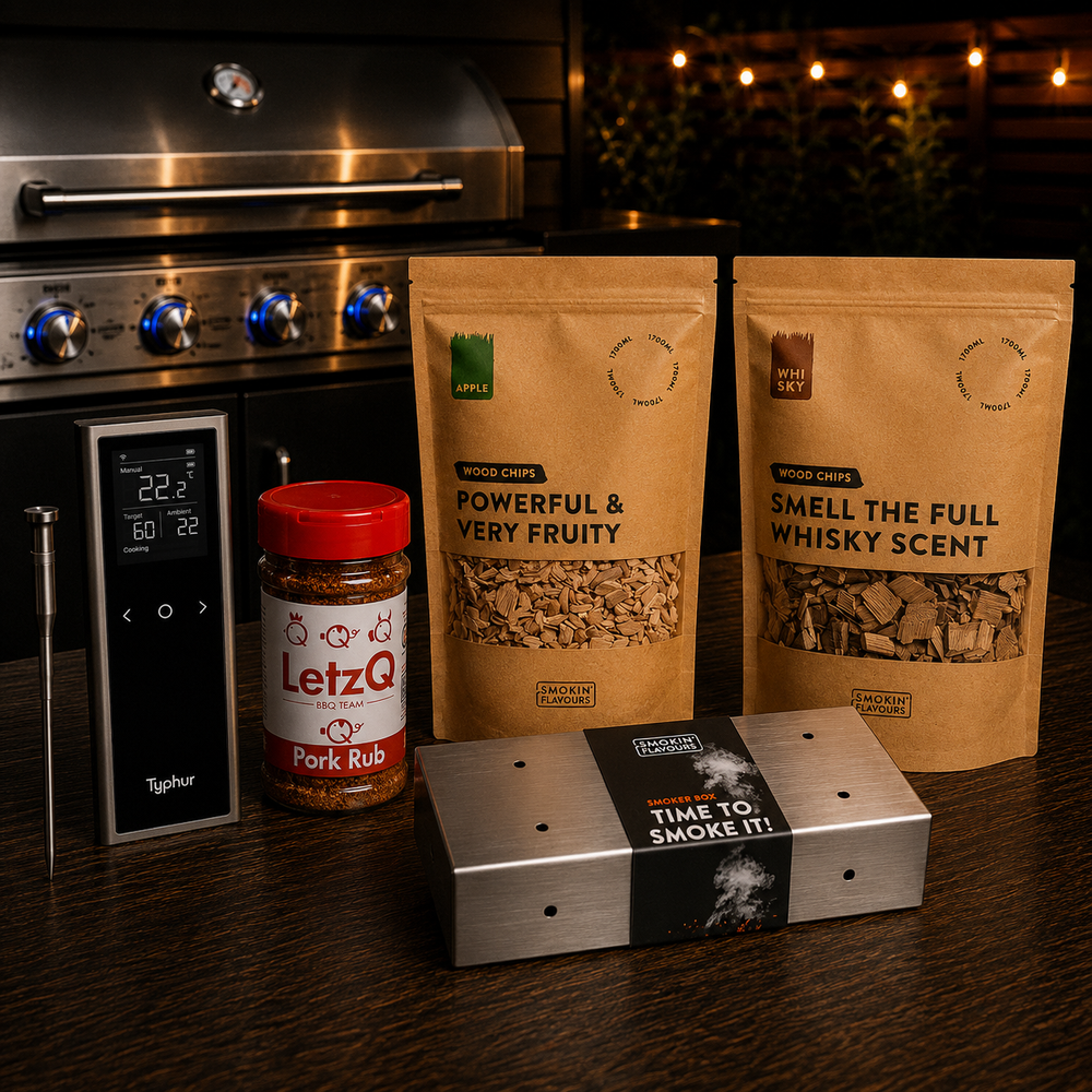 Ultimate Pork Belly Gas Experience Bundle met Typhur Sync One, Pork Rub, Appel Rooksnippers, Whisky Rooksnippers en Smokin' Flavours RVS Smoker Box