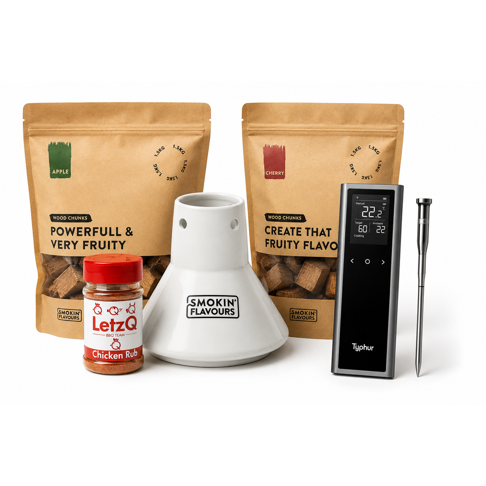 Ultimate Beer Can Chicken Bundle met Typhur Sync One thermometer, rookchunks, chicken rub en keramische kiphouder