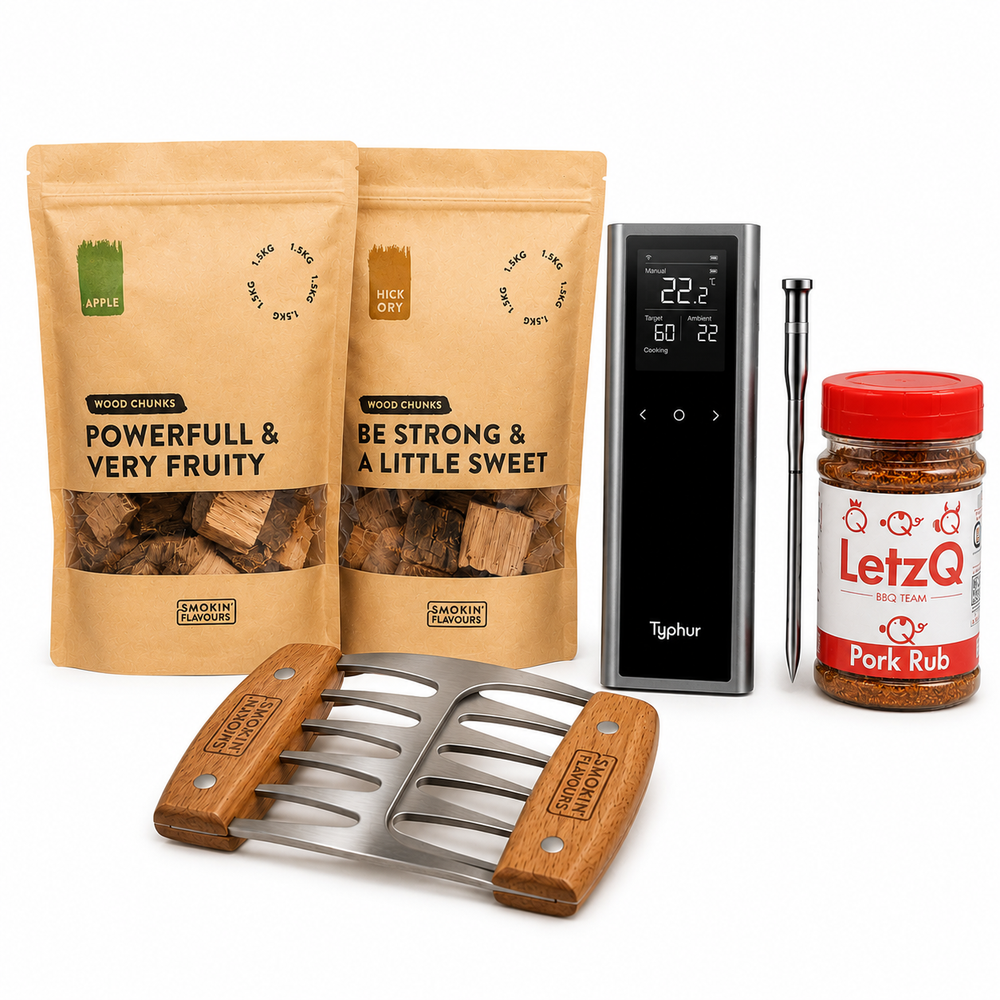 Ultimate Pulled Pork Bundle met Typhur Sync One thermometer, pork rub, meat claws en rookchunks op witte achtergrond