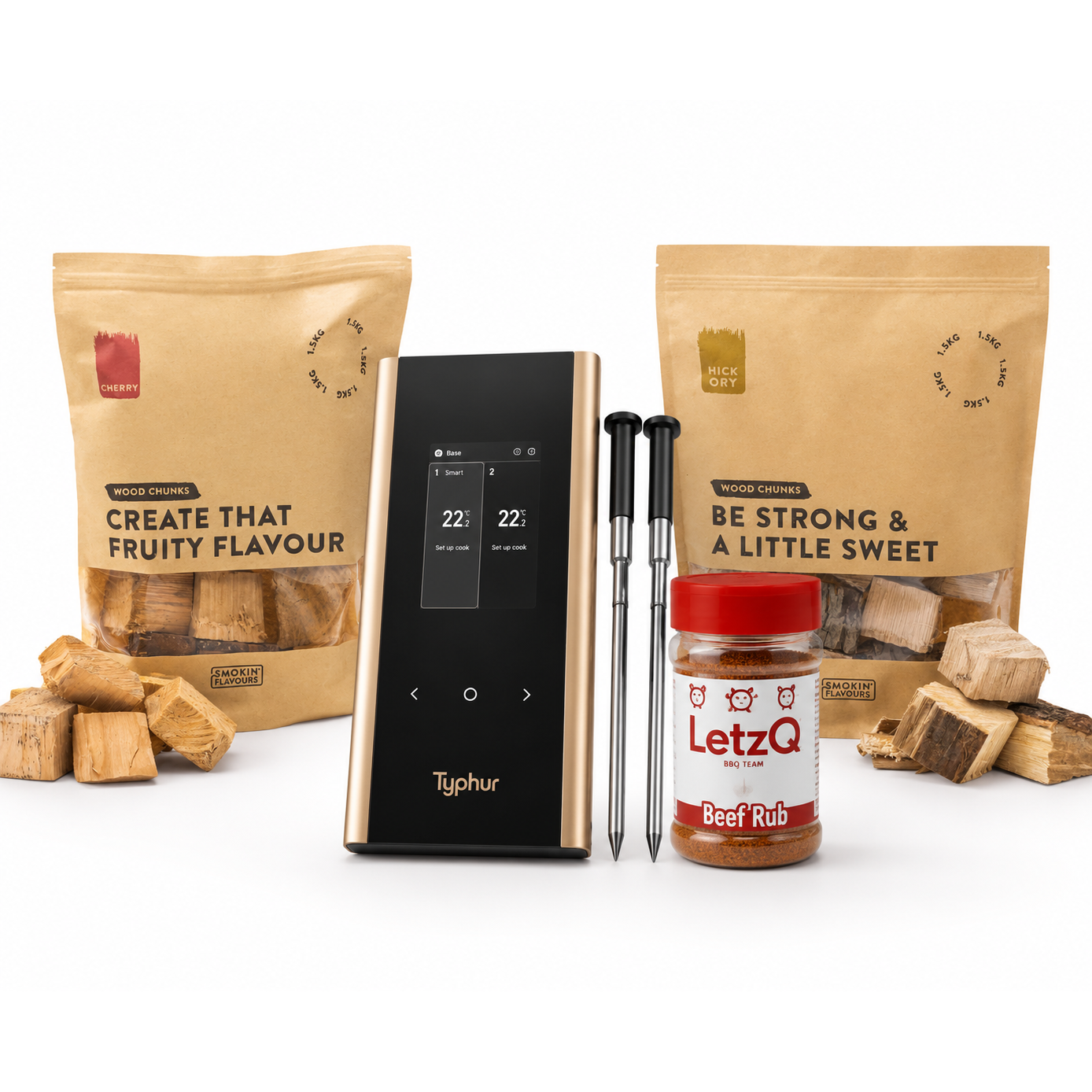 Ultimate Steak Experience Bundle met Typhur Sync Gold Dual, Hickory chunks, Kersen chunks en LetzQ Beef Rub
