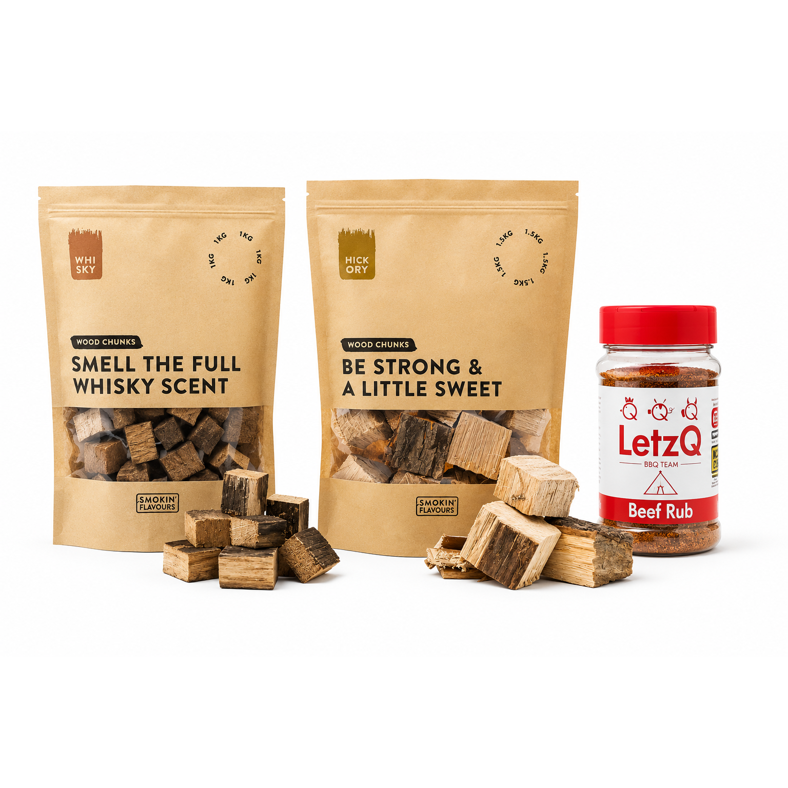 Whiskey Steakhouse Experience bundle met whiskey rookchunks, hickory rookchunks en LetzQ Beef Rub op witte achtergrond