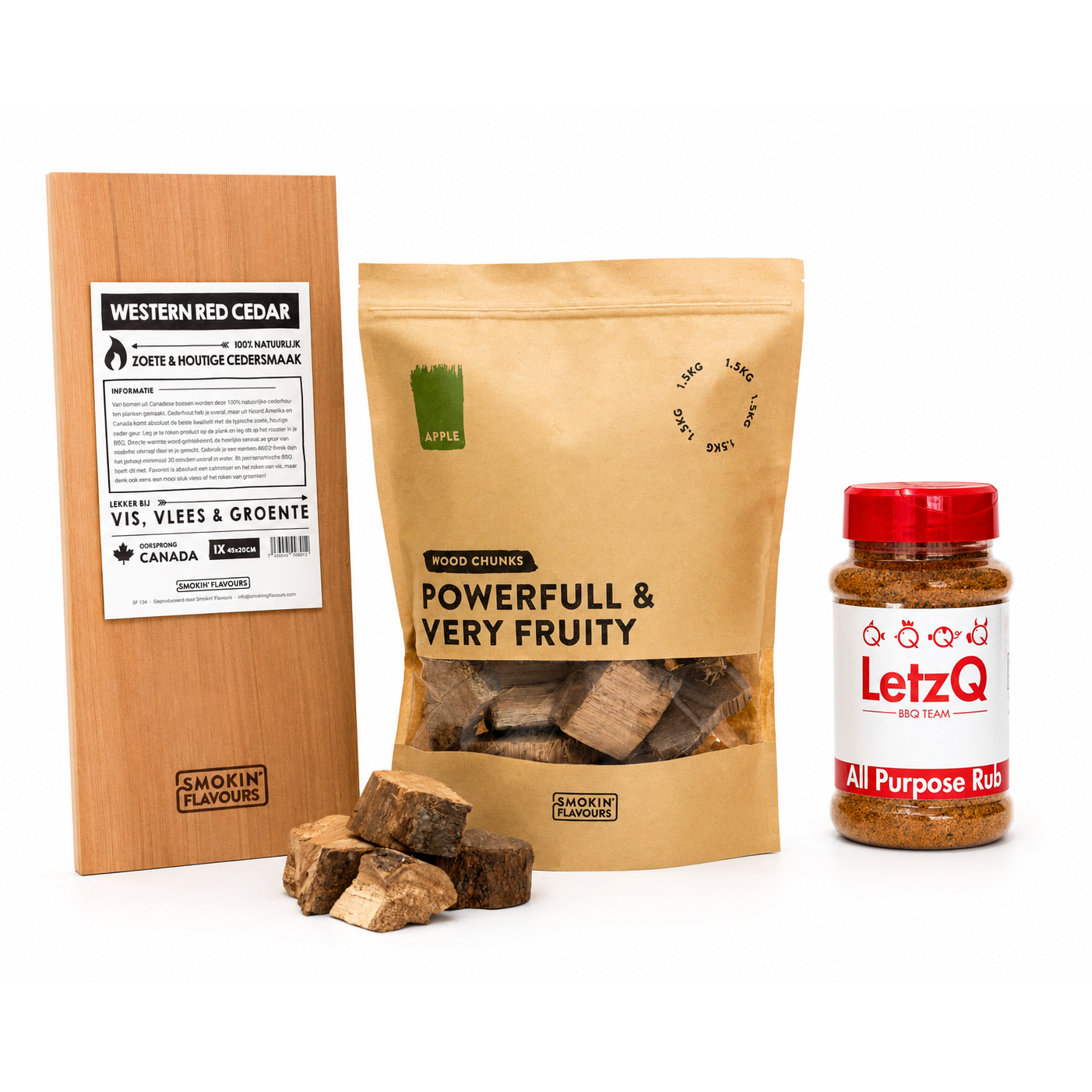 Cedar Seafood Experience bundle met cedar rookplank, appel rookchunks en LetzQ All Purpose Rub op witte achtergrond