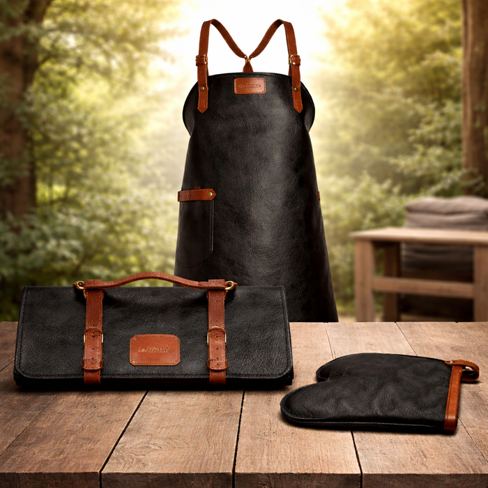 BBQ set met leren schort, messenmap en ovenwant