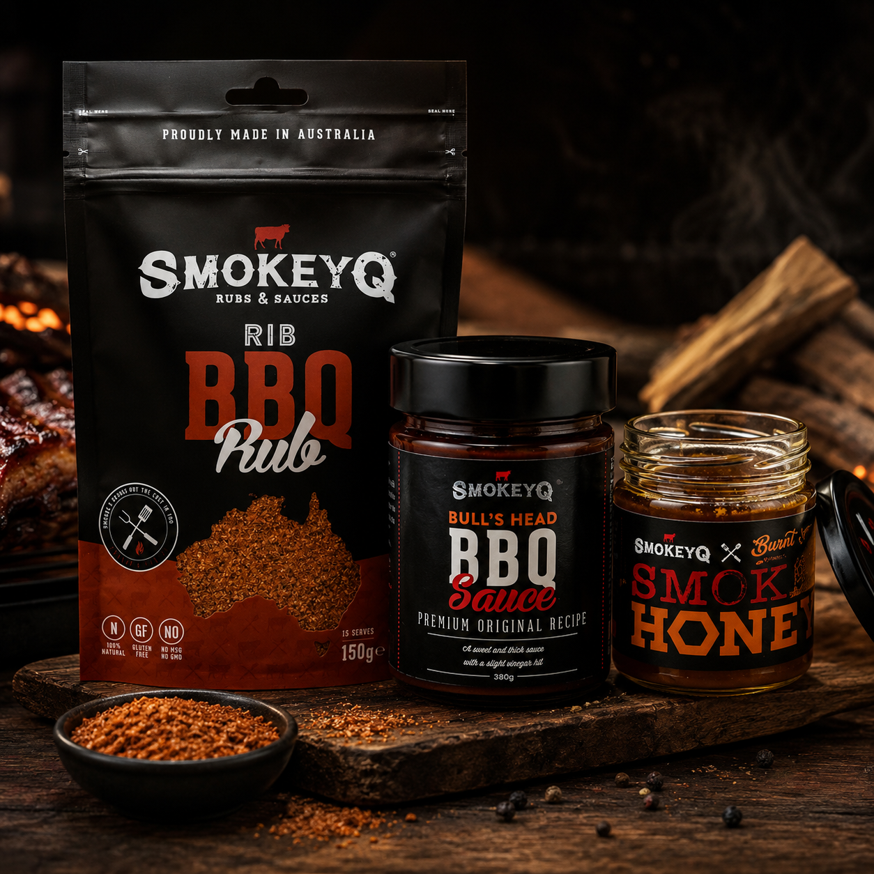 Sticky BBQ Bundle met SmokeyQ Rib BBQ Rub, Bulls Head BBQ Sauce en Cold Smoked Honey