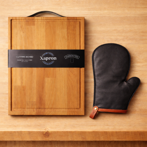 bbq set met leren ovenwant en beukenhouten snijplank