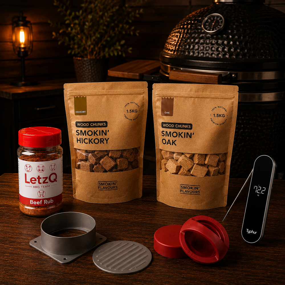 Burger Kamado Experience Bundle met LetzQ Beef Rub, eiken- en hickorychunks, Typhur InstaProbe Core en hamburgerpers