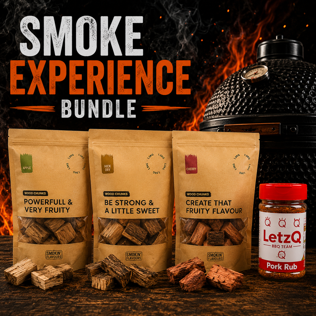 Smoke Experience Bundle met appel chunks, hickory chunks, kers chunks en LetzQ Pork Rub