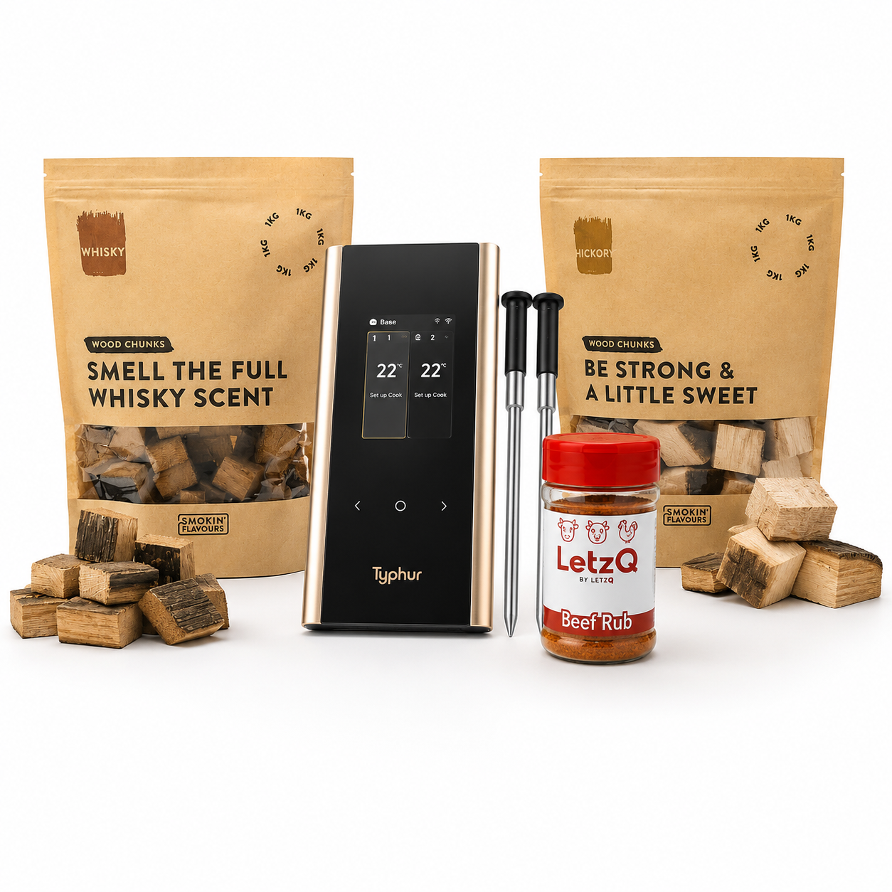 Ultimate Steak Experience Bundle met Typhur Sync Gold Dual, LetzQ Beef Rub, Smokin' Flavours Hickory Chunks en Smokin' Flavours Whiskey Chunks.