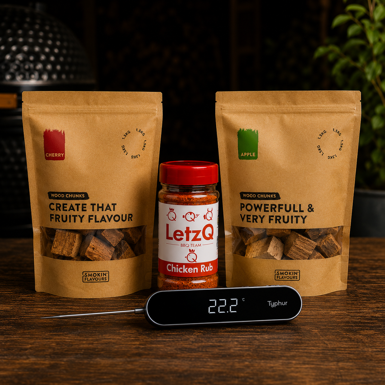 Saté Experience Bundle met Typhur InstaProbe Core, LetzQ Chicken Rub, Apple Chunks en Cherry Chunks