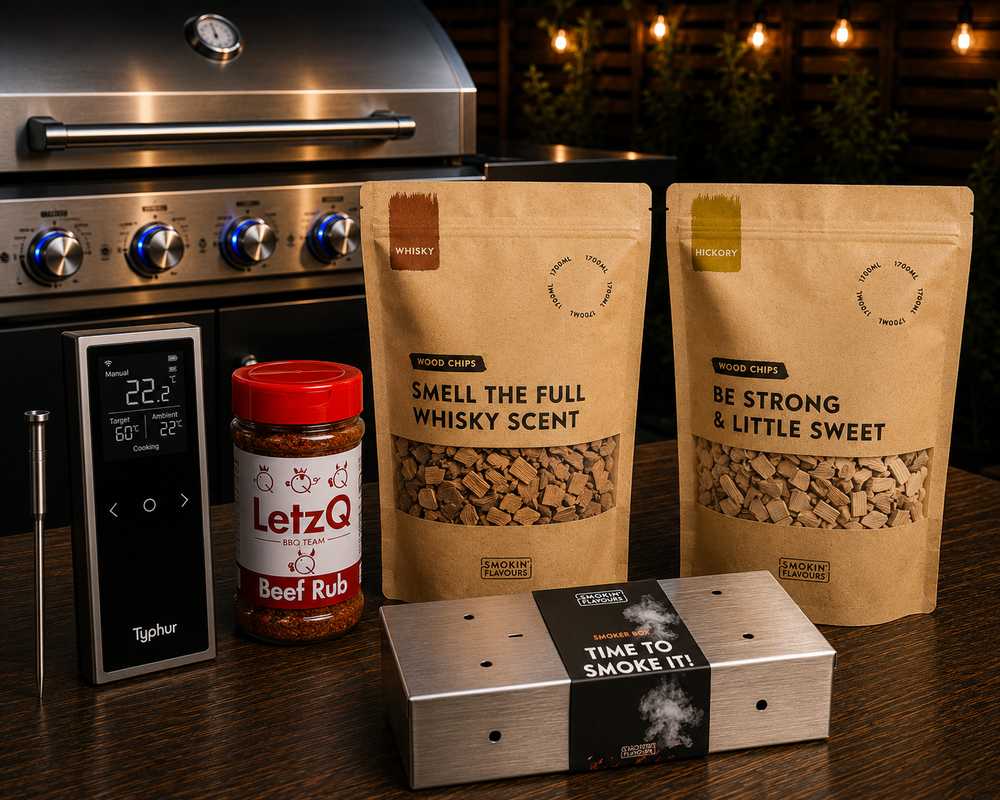 Steak Gas Experience Bundle met Typhur Sync One, LetzQ Beef Rub, Hickory Chips, Whiskey Chips en RVS Smoker Box