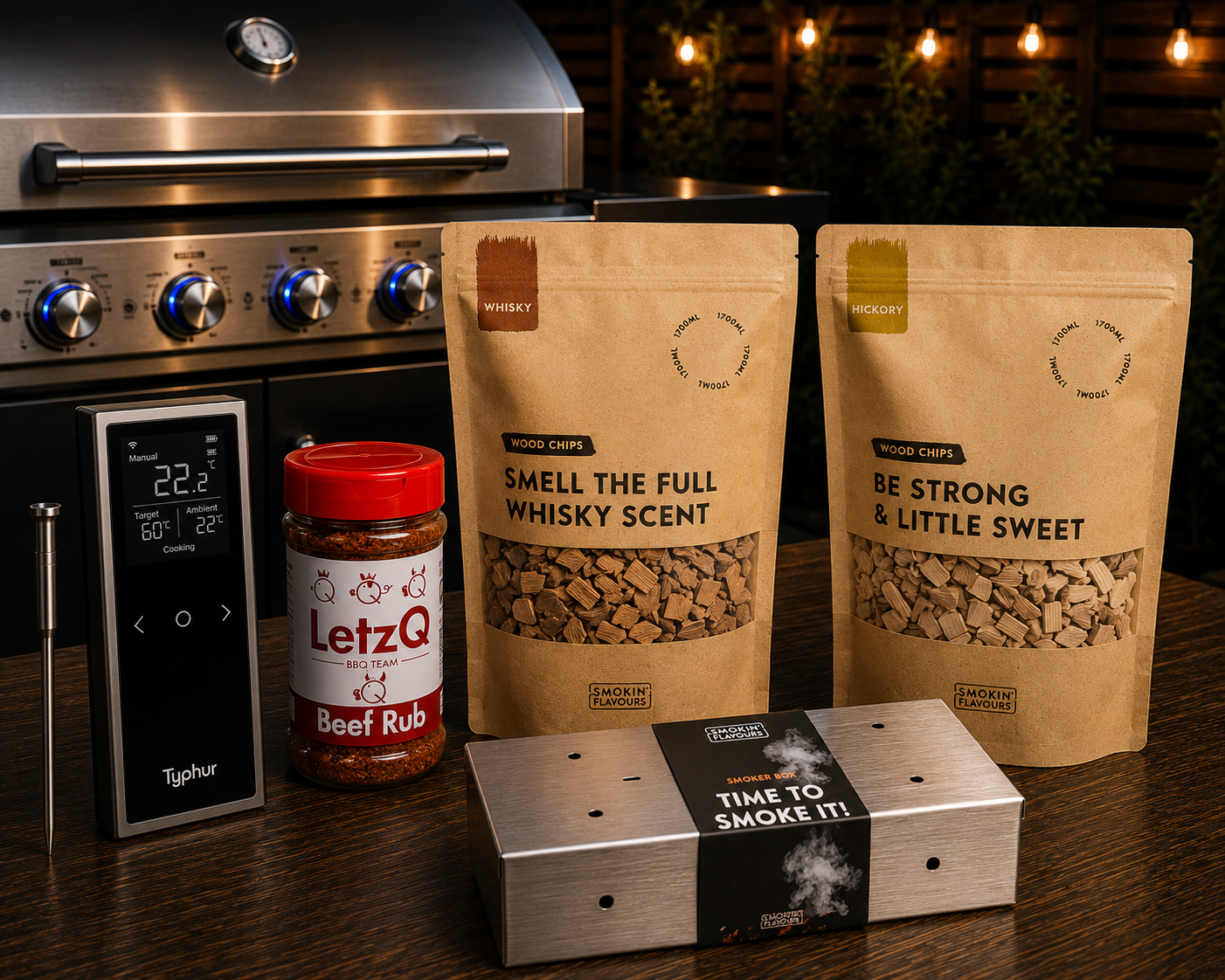 Steak Gas Experience Bundle met Typhur Sync One, LetzQ Beef Rub, Hickory Chips, Whiskey Chips en RVS Smoker Box
