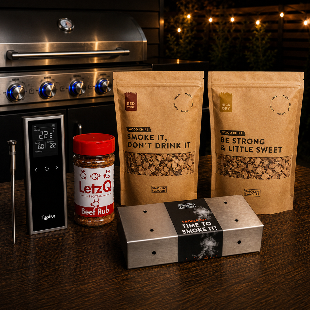 Ultimate Picanha Gas Experience Bundle met Typhur Sync One, Beef Rub, Hickory Rooksnippers, Red Wine Rooksnippers en Smokin' Flavours RVS Smoker Box