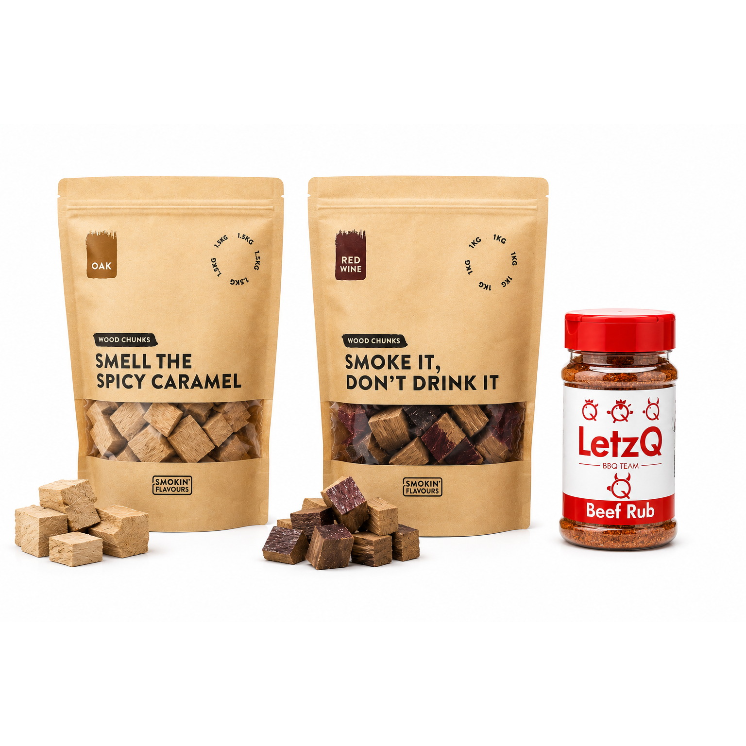 Red Wine Steakhouse Experience bundle met red wine rookchunks, eiken chunks en LetzQ Beef Rub op witte achtergrond