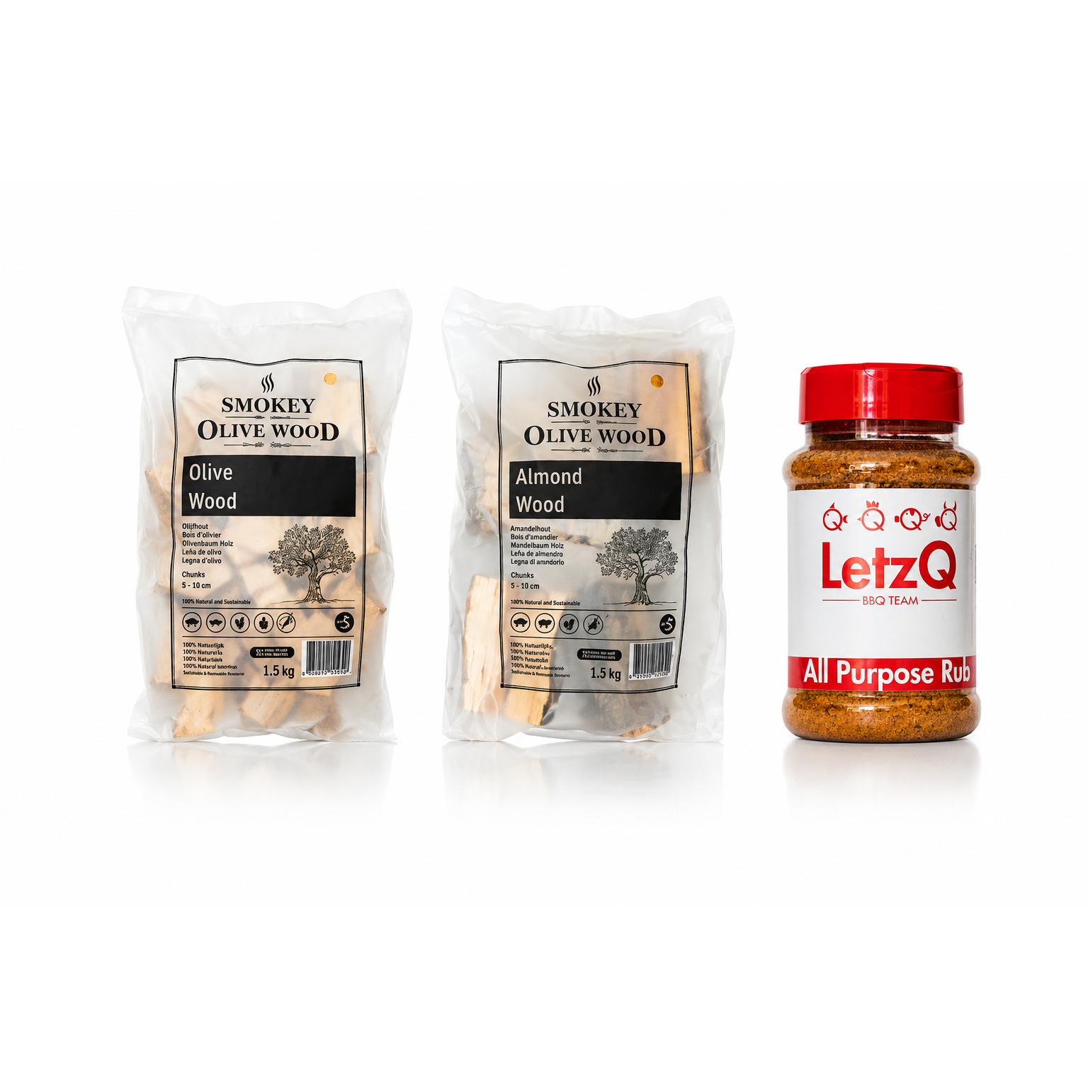 Olive & Almond Experience smoke bundle met olijfhout blokken, amandelhout blokken en LetzQ All Purpose Rub op witte achtergrond