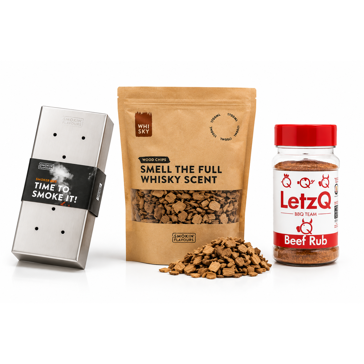 Whiskey Smoke Box Experience met RVS rookbox, whiskey houtsnippers en LetzQ Beef Rub op witte achtergrond