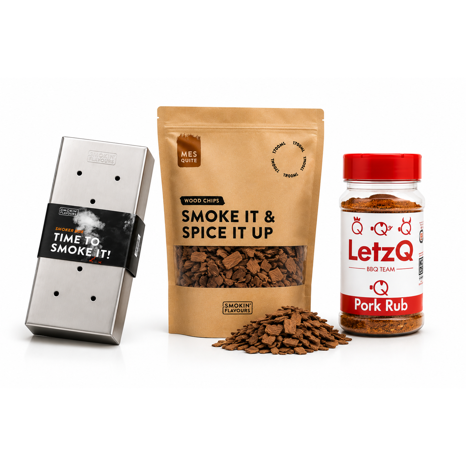 Texas Smoke Box Experience met RVS rookbox, mesquite houtsnippers en LetzQ Pork Rub op witte achtergrond