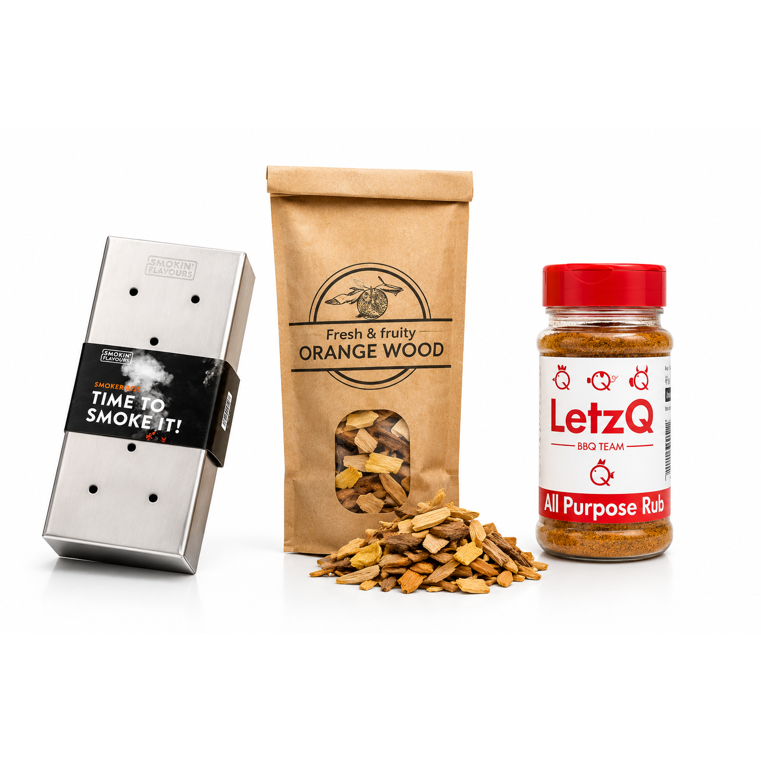 Citrus Smoke Box Experience met RVS rookbox, sinaasappel houtsnippers en LetzQ All Purpose Rub op witte achtergrond