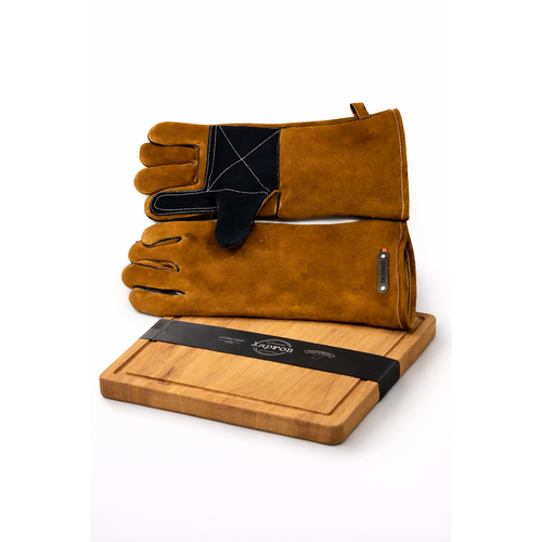 Leren BBQ handschoenen met beukenhouten snijplank basic BBQ cadeau pakket