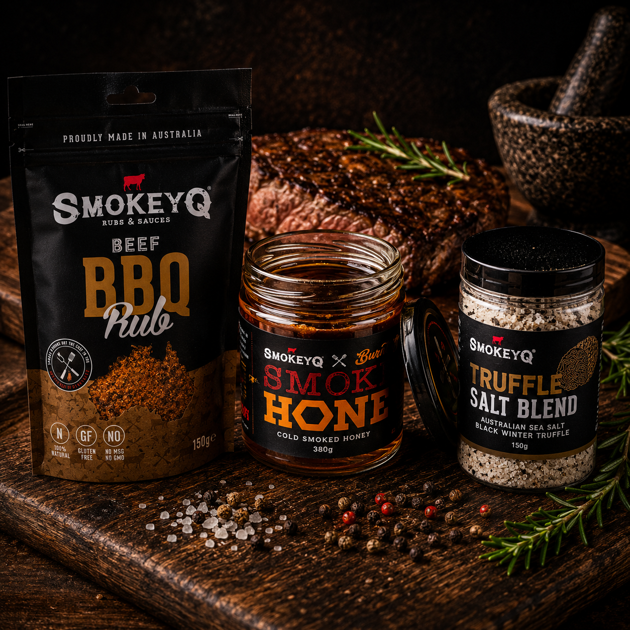 Steakhouse BBQ Bundle met SmokeyQ Beef BBQ Rub, Cold Smoked Honey en Truffle Salt Blend