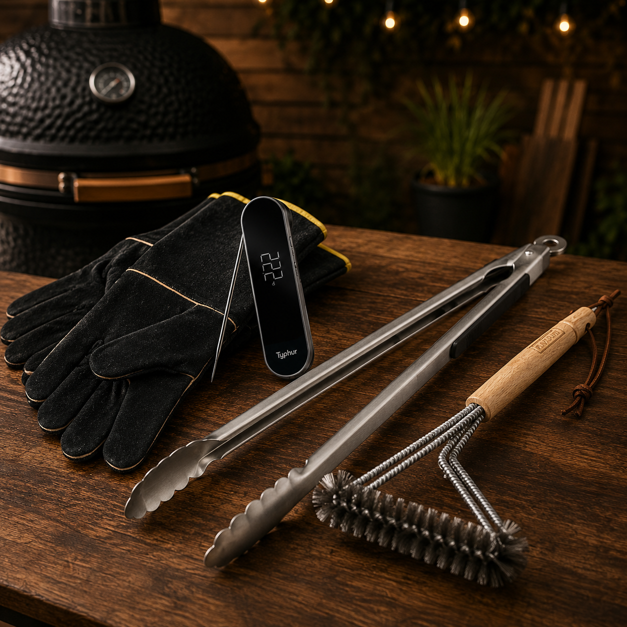 BBQ Starter Kit met Typhur InstaProbe Core, RVS BBQ-tang, lederen BBQ-handschoenen en 3-in-1 BBQ-borstel