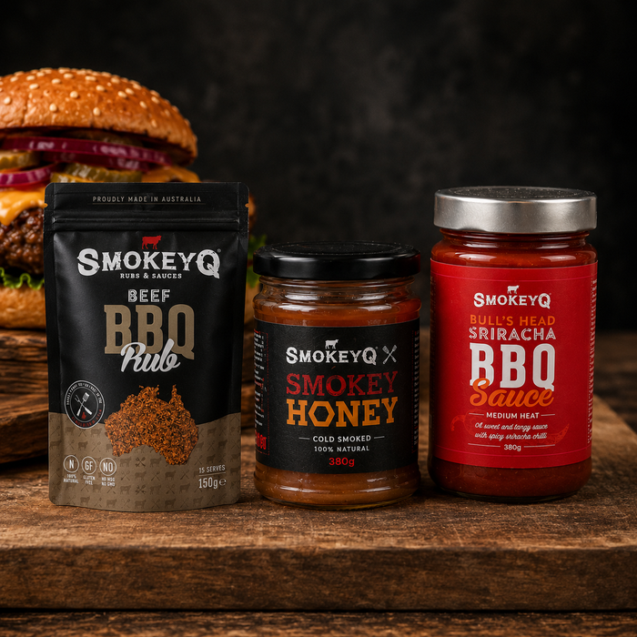 Burger BBQ Bundle met SmokeyQ Beef BBQ Rub, Smoked Honey en Bulls Head Sriracha BBQ Sauce