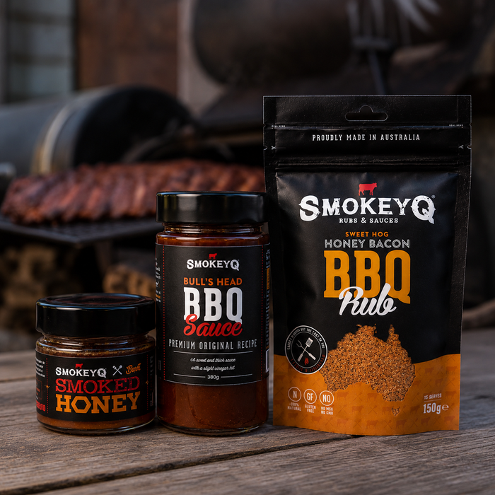 Sweet Honey BBQ Bundle met Sweet Hog Honey Bacon Rub, Bulls Head BBQ Sauce en Smoked Honey