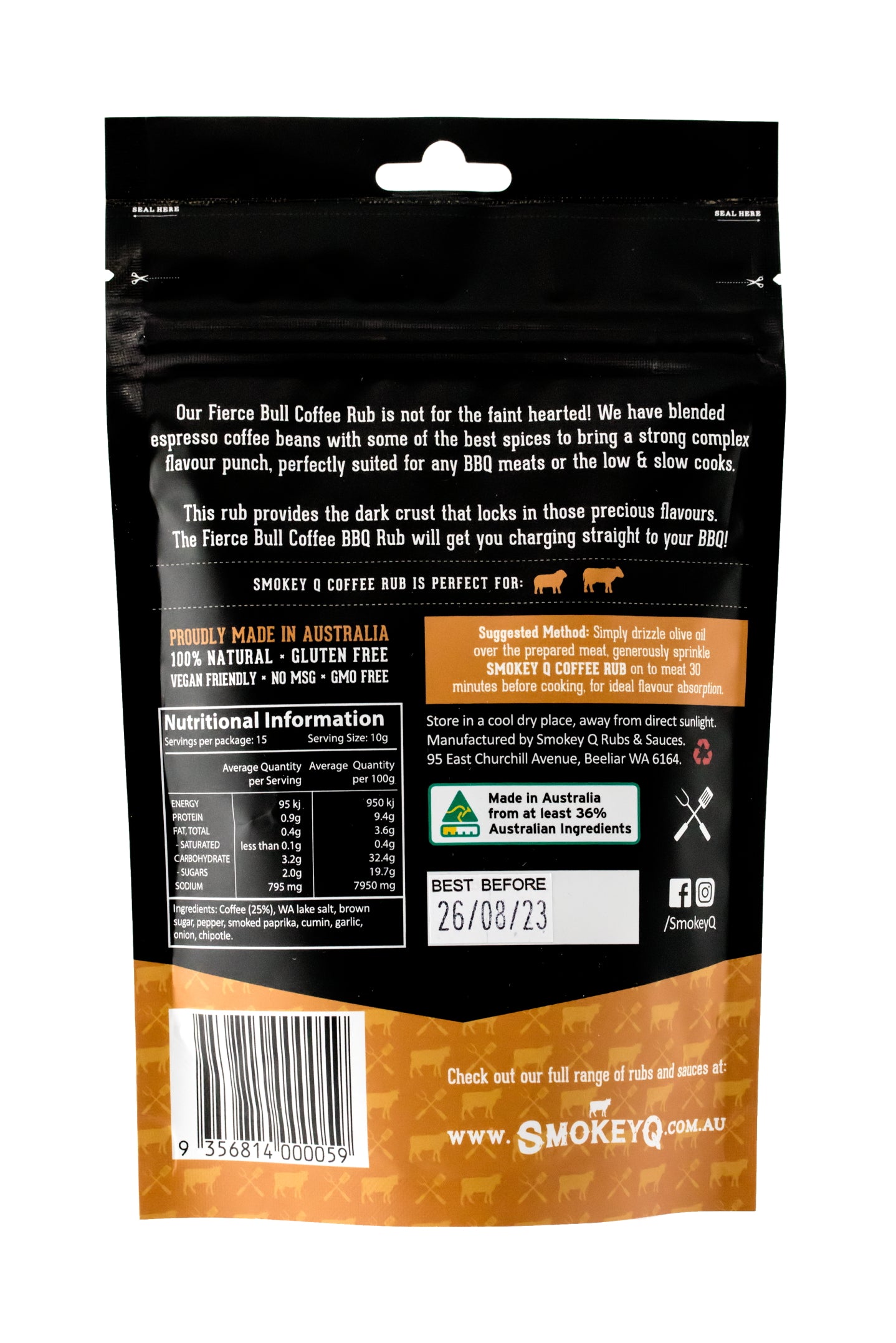 chterzijde SmokeyQ Fierce Bull Coffee BBQ Rub met productinformatie
