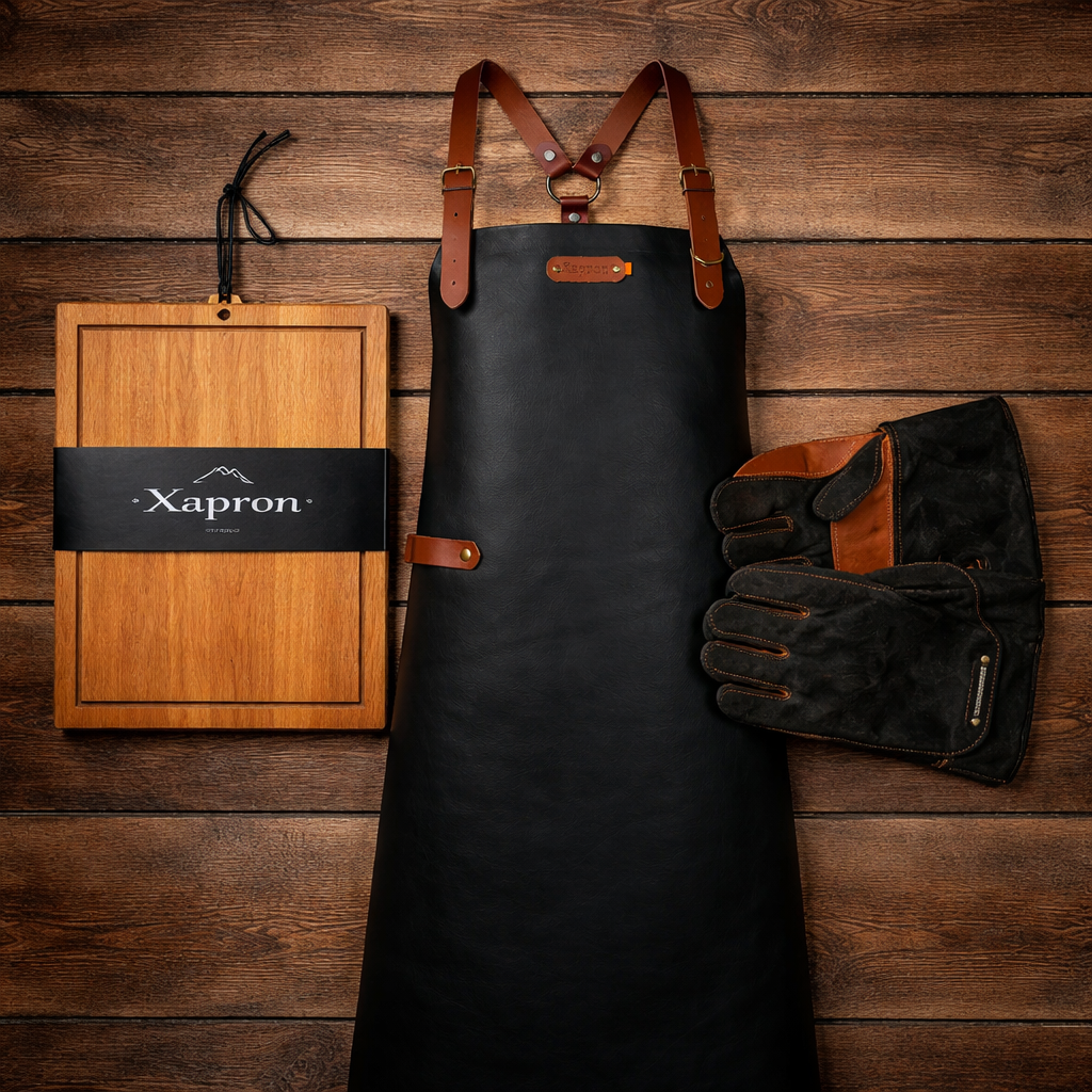 Leren BBQ schort met hittebestendige handschoenen en beukenhouten snijplank