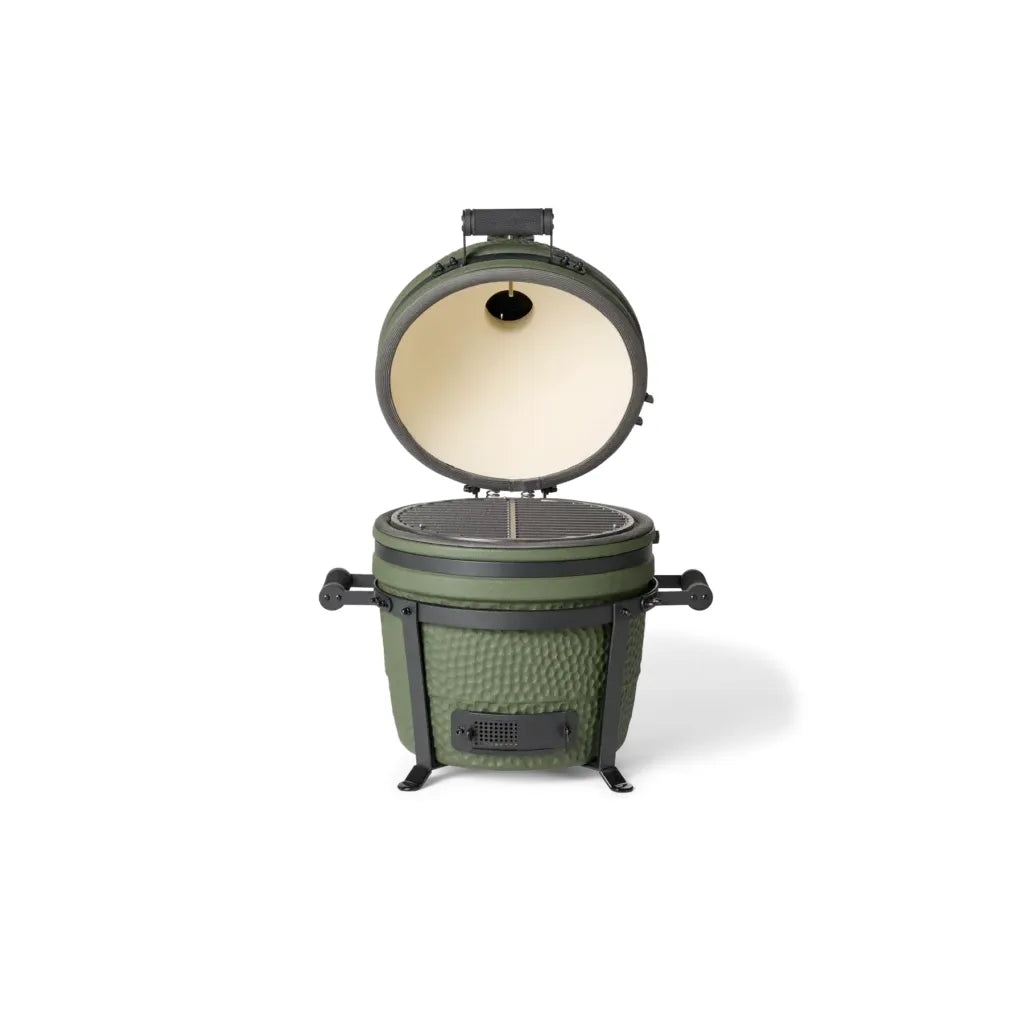 Moddern Compact Original kamado met geopend deksel en gietijzeren rooster