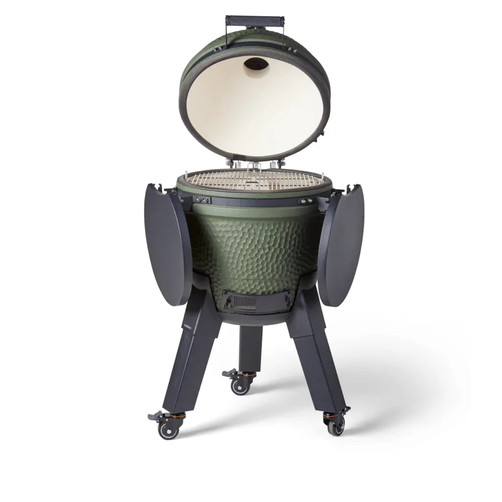 Moddern Complete kamado met geopend deksel en roestvrijstalen halfmaanroosters