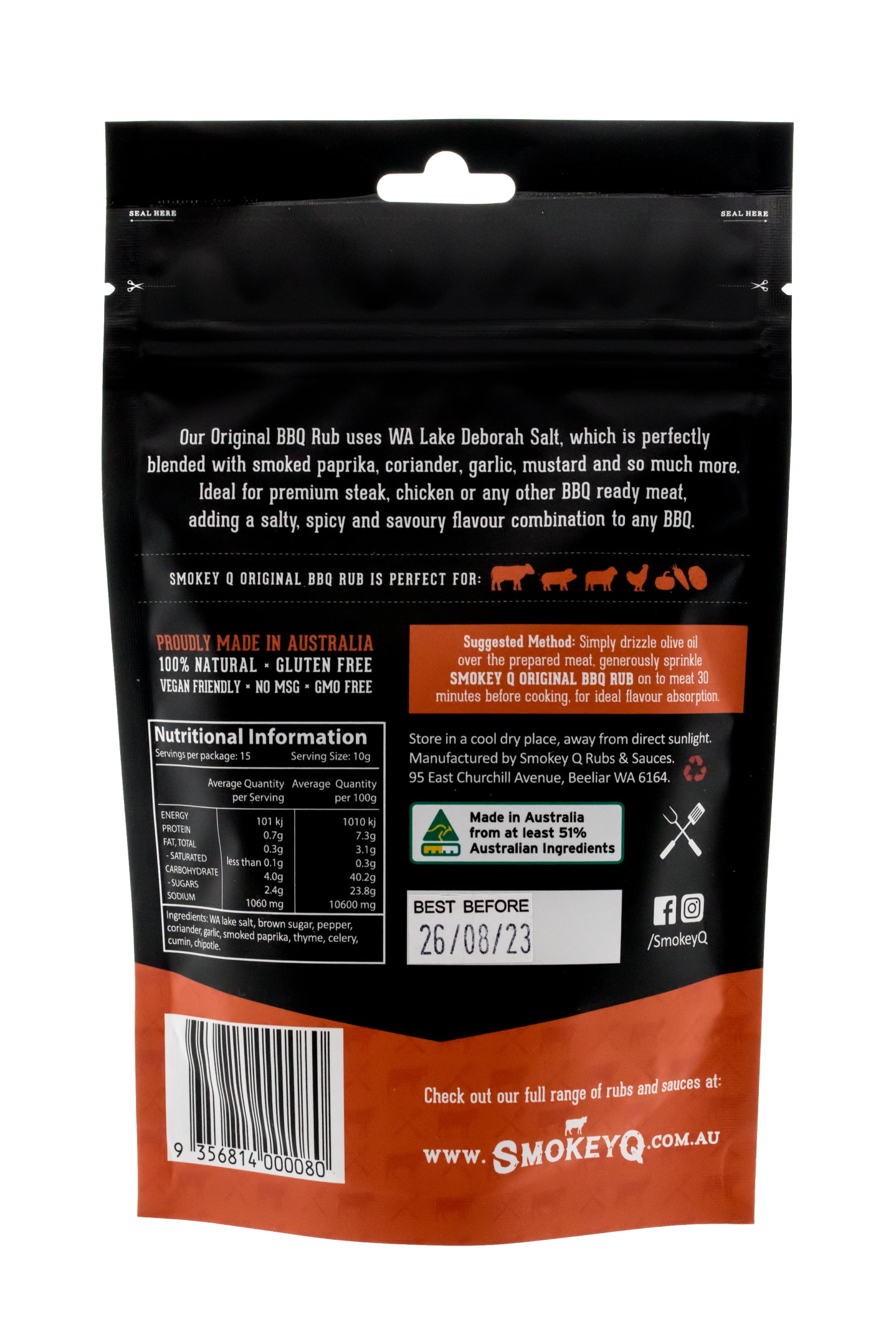 Achterzijde van SmokeyQ Original BBQ Rub 150g met ingrediënten en bereidingsinformatie