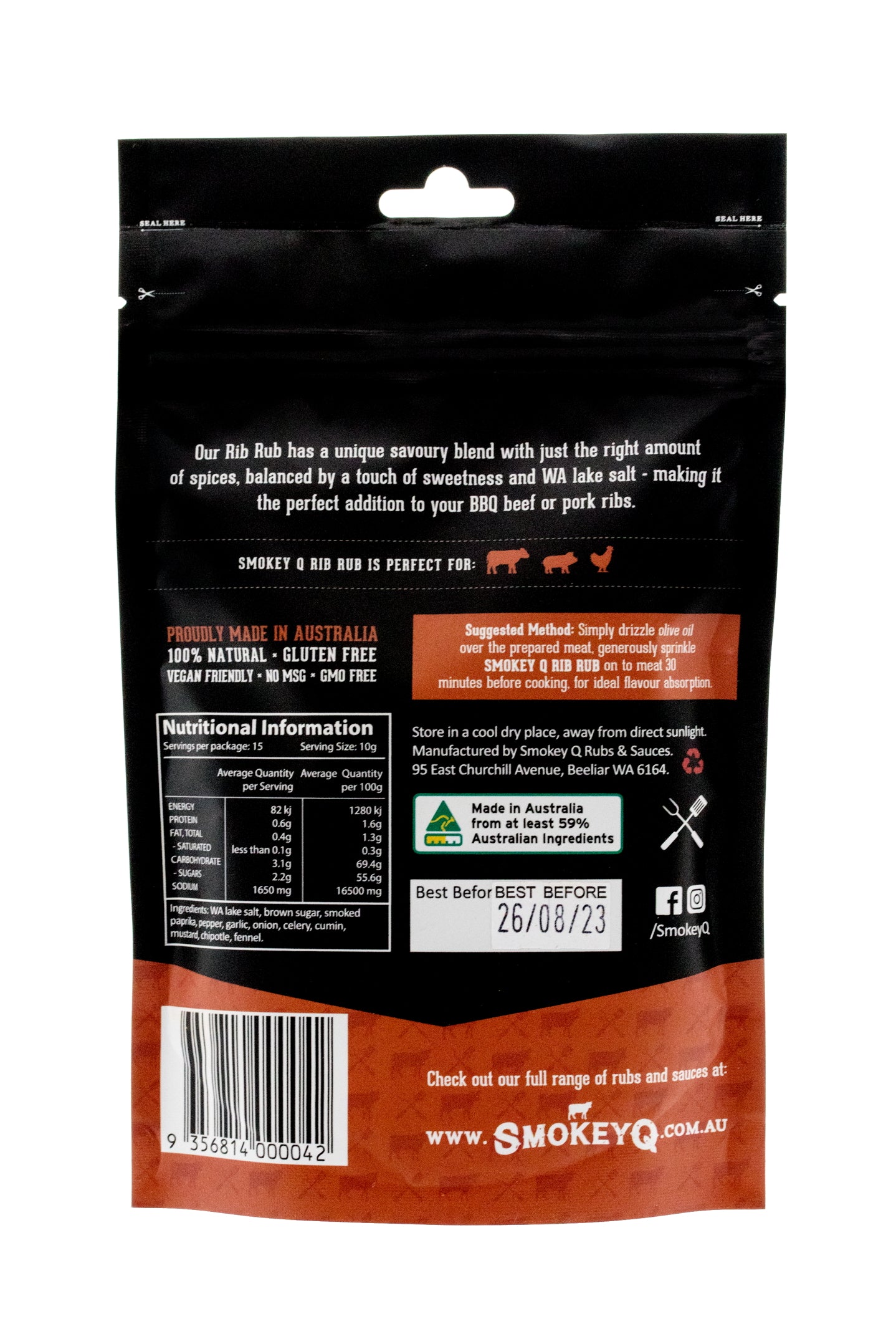 Achterzijde van SmokeyQ Rib BBQ Rub 150 gram met productinformatie en ingrediënten