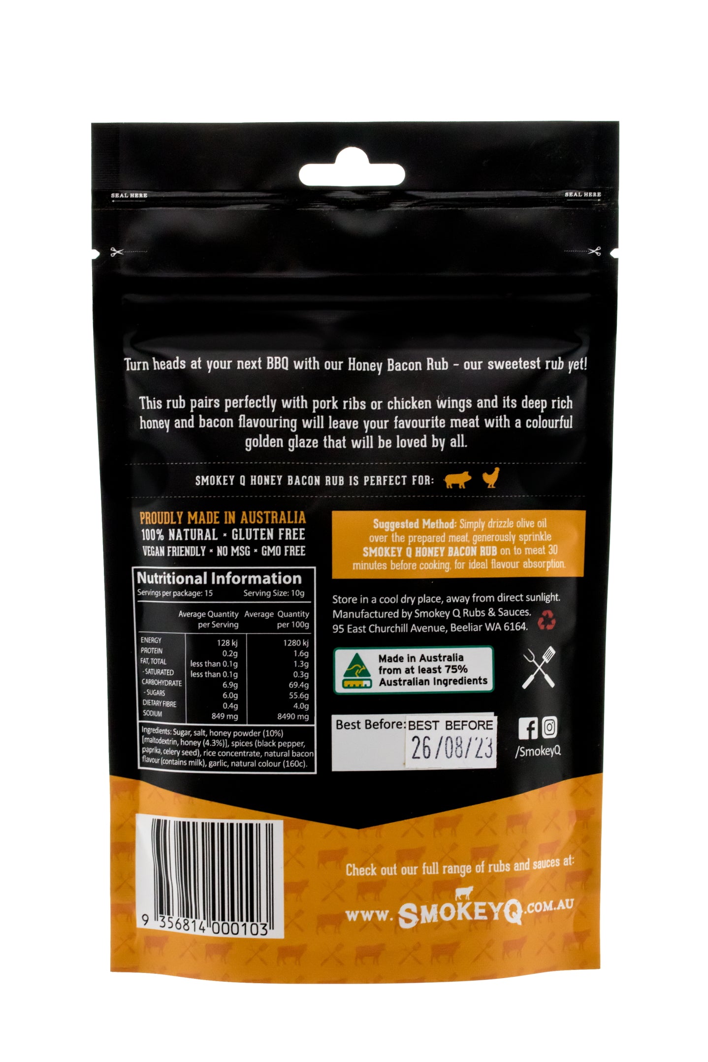 Achterzijde SmokeyQ Sweet Hog Honey Bacon BBQ Rub met productinformatie