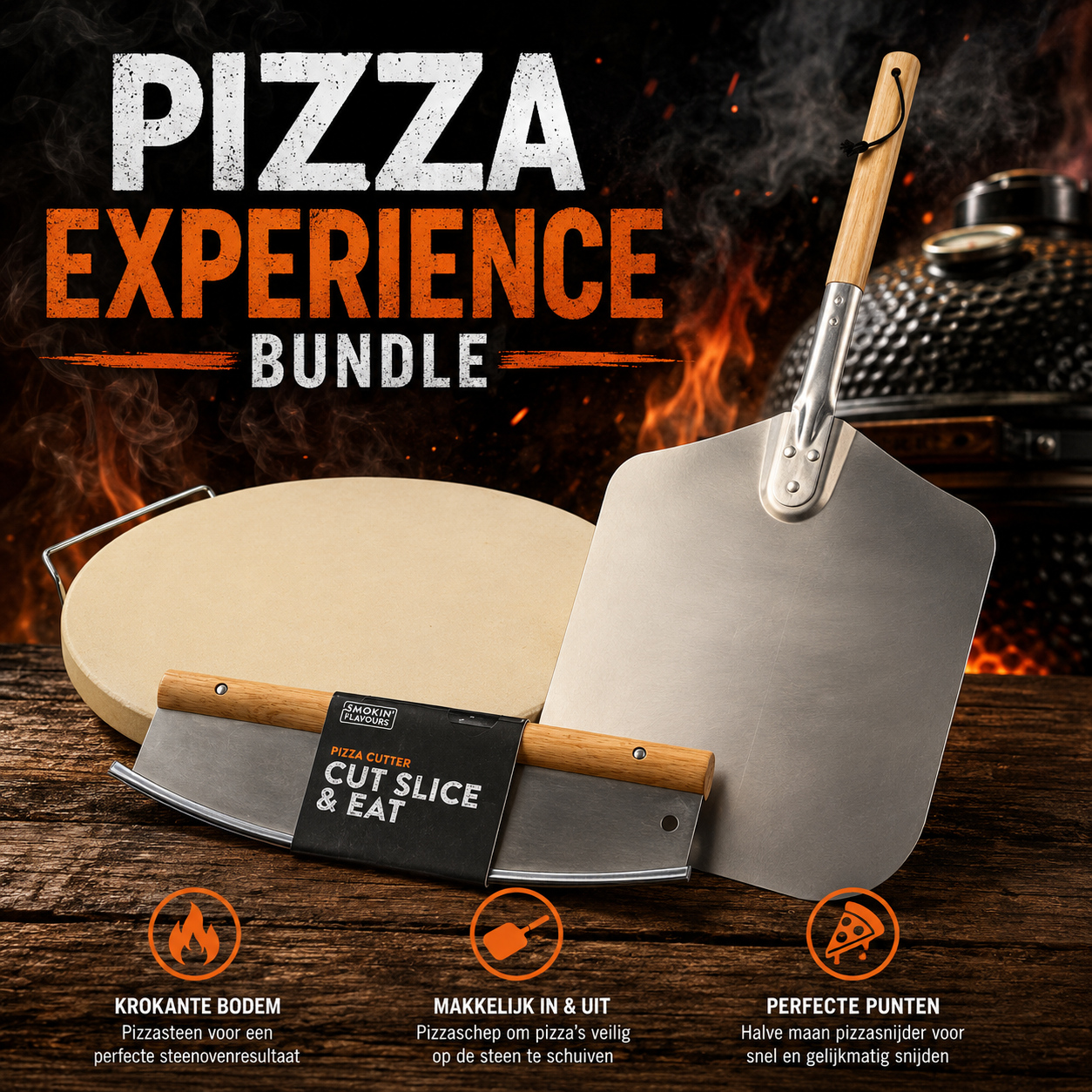Complete Pizza BBQ Bundel met pizzasteen, pizzaschep en pizzasnijder voor kamado en barbecue