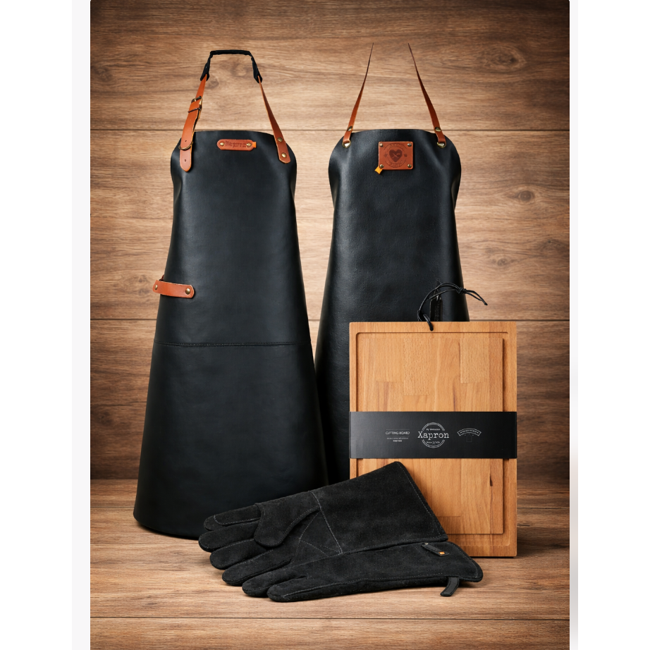 Xapron BBQ bundel zwart leren schort met handschoenen en beukenhouten snijplank